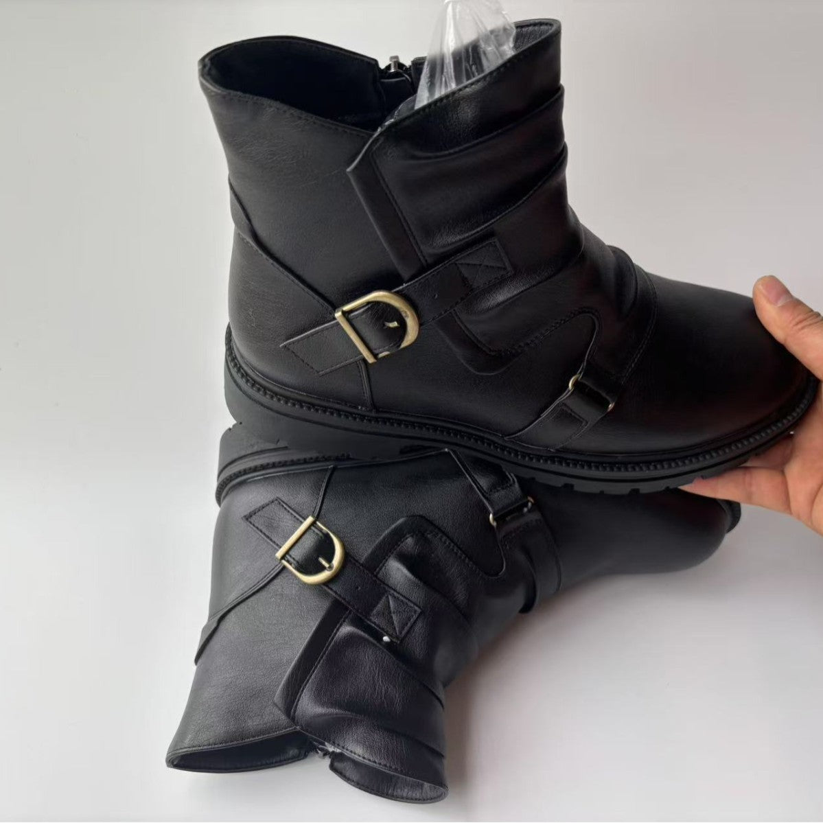 Square Heel High-top Men's Boots Large Size Winter Brown Stitching Solid Color