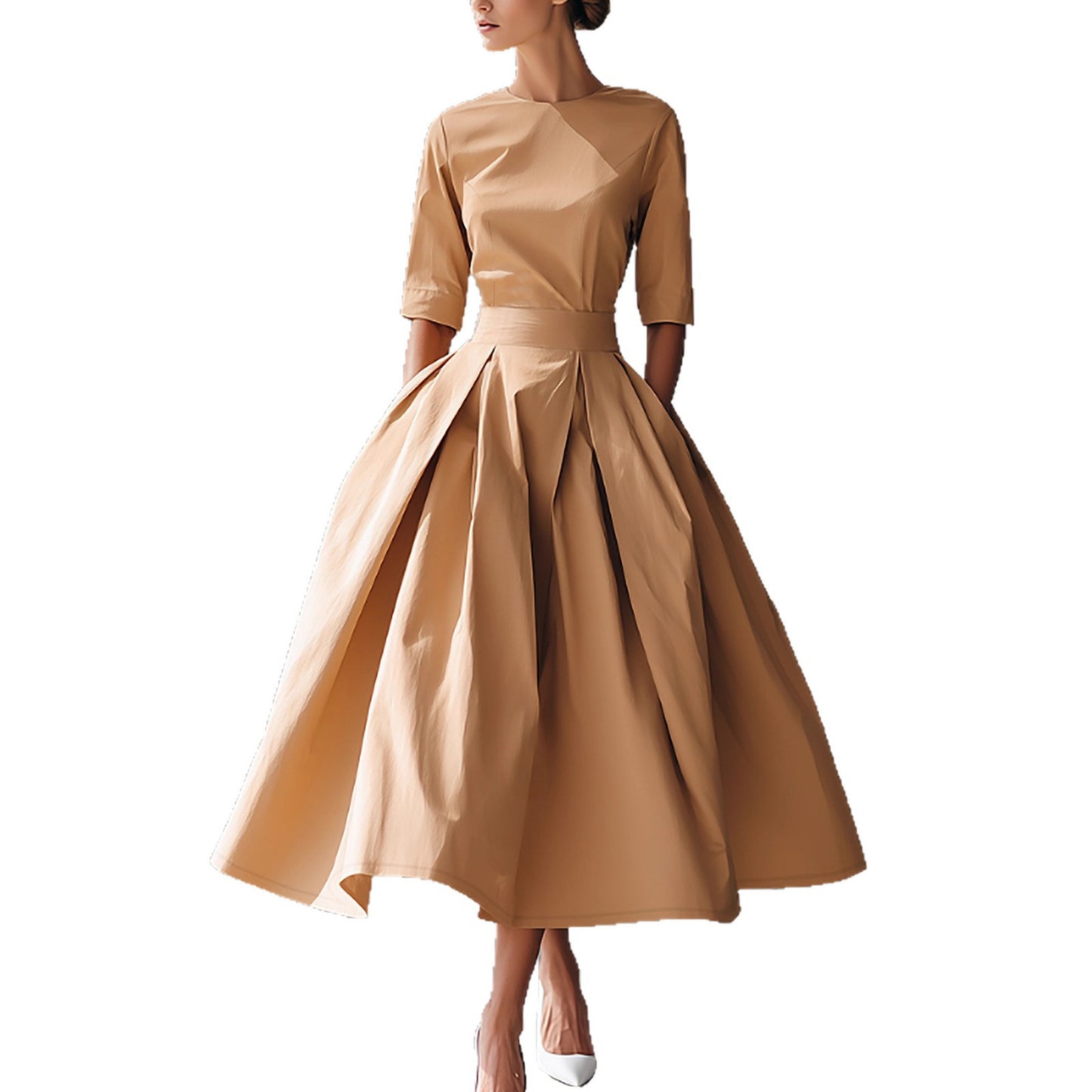 Fashionable Casual Elegant Personality Design Three-quarter Sleeve A-line Solid Color Dress