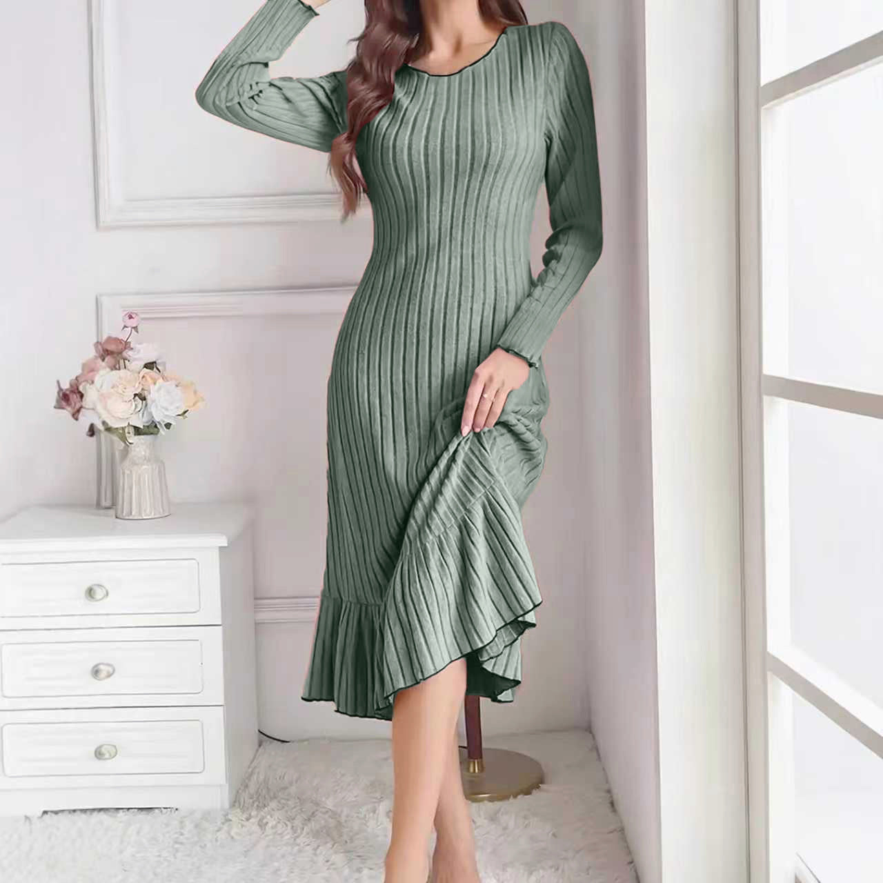 Women's Fashion Solid Color Ruffle Sleeve Long Dress