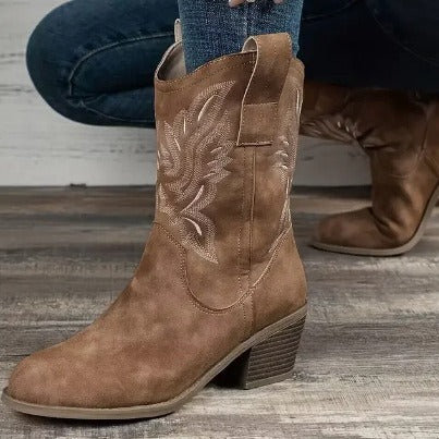 Mode Chunky-hakken Puntige Neus Laarzen Winter Etnische Stijl Geborduurde Mid-Tube Western Schoenen Dames