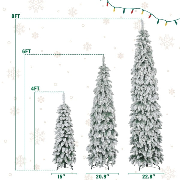 No Provide Self Pick-up.8FT, 6FT, 4FT Pre-Lit Pencil Christmas Trees, 3-set Slim Artificial Christmas Tree With Snow Flocking, Xmas Holiday Decoration Tree, 1455 Branch Tips, 520 LED Lights, 11 Lighti