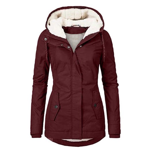 Winterjas met capuchon, effen kleur, warme fleecejas met gesp en rits en zakken. Casual jas voor dames.