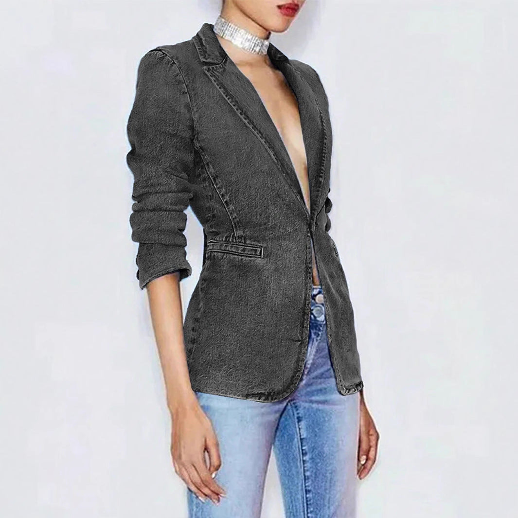 Slim-fit And Slimming Solid-color Denim Jacket With A Suit Collar