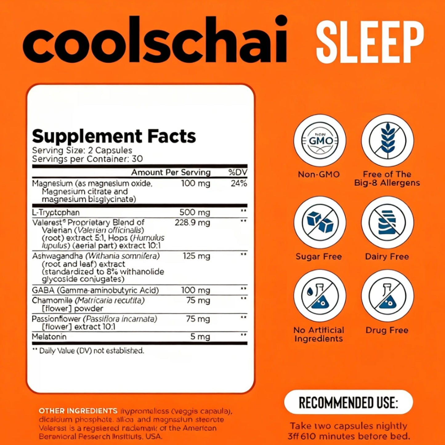 Coolschai Sleep Aid for Adults, Melatonin 5mg with Magnesium Glycinate, Sleep-Promoting Valerest & Ashwagandha, Non-Habit Forming Sleep Supplement, 60 Capsules, 30-Day Supply