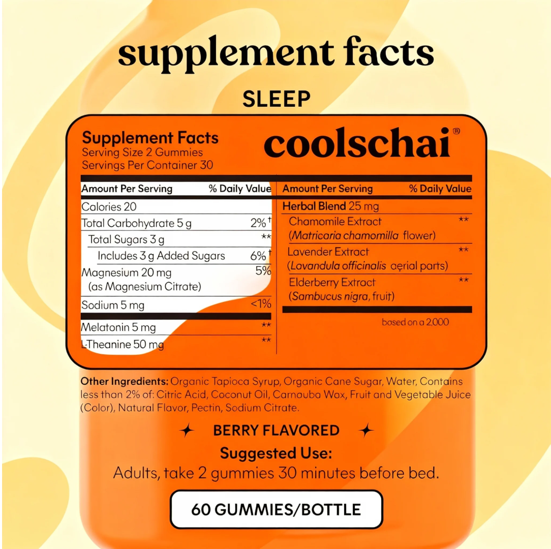Coolschai Sleep Gummies with 5mg Melatonin, Elderberry, Magnesium, L-Theanine, Chamomile and Lavender, Drug-Free Nighttime Sleep Aid, Gluten Free, Gelatin Free, Non GMO, Berry Flavored (60 Count)