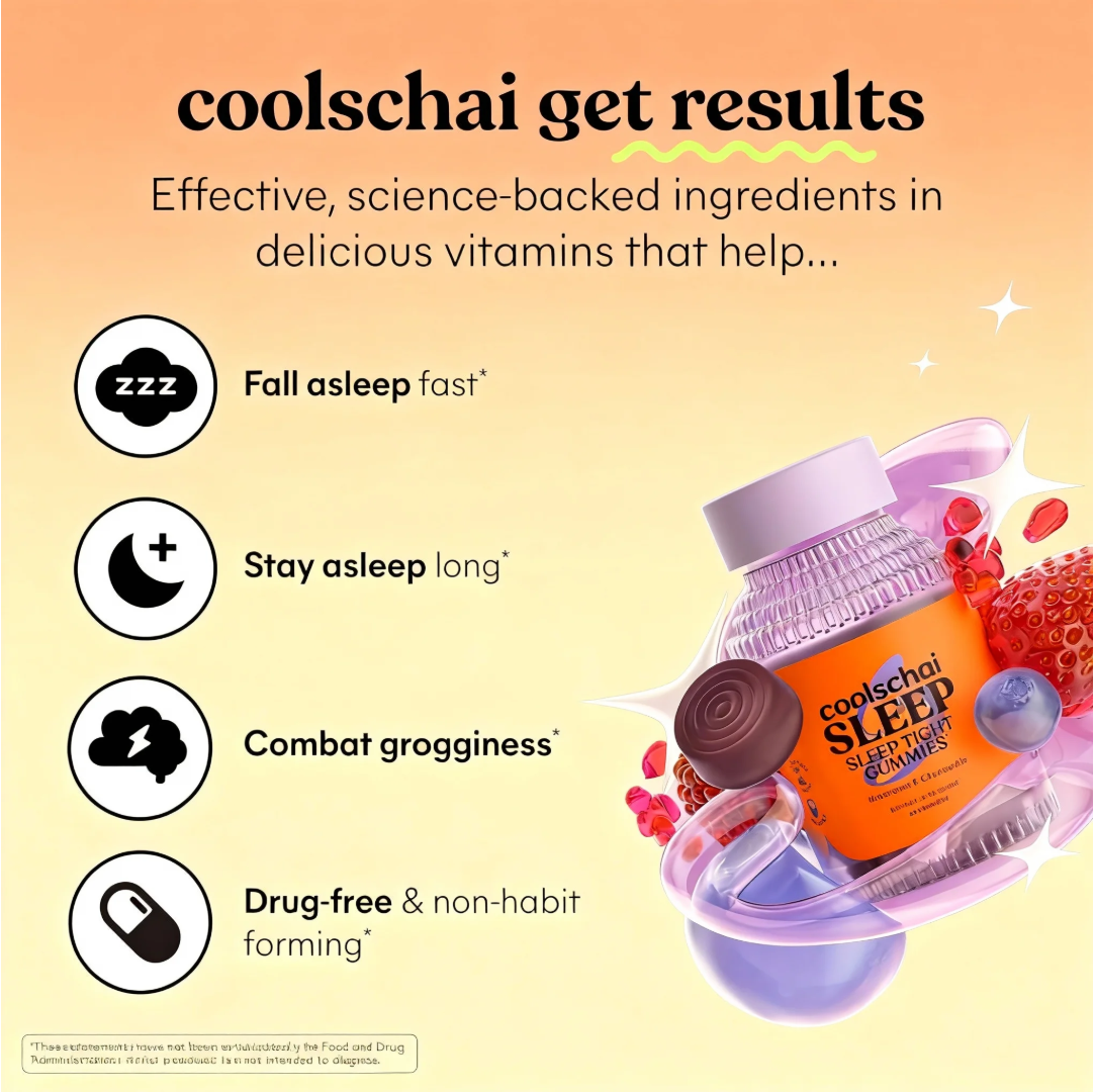 Coolschai Sleep Gummies with 5mg Melatonin, Elderberry, Magnesium, L-Theanine, Chamomile and Lavender, Drug-Free Nighttime Sleep Aid, Gluten Free, Gelatin Free, Non GMO, Berry Flavored (60 Count)