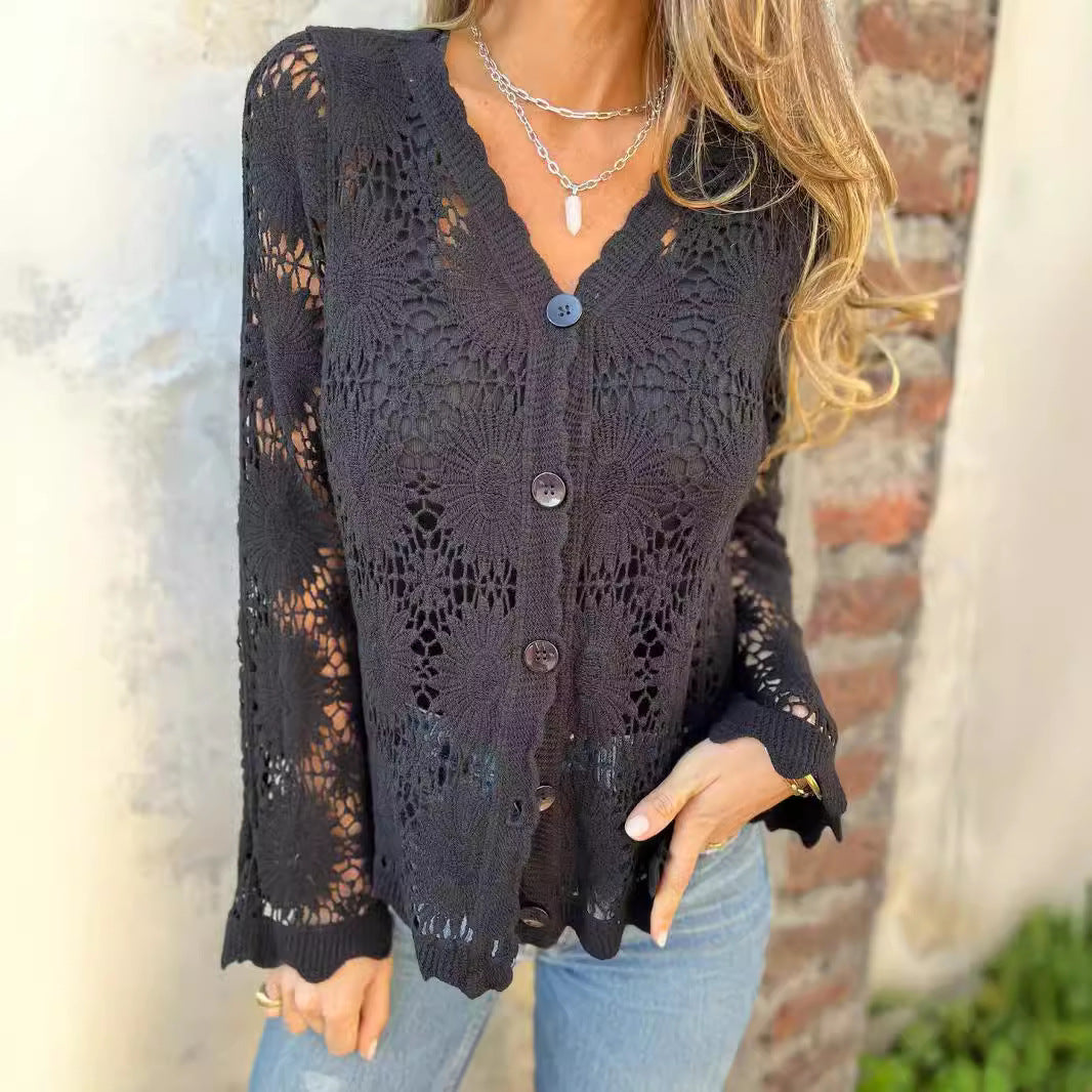 Women's Lace V-neck Long Sleeve Top