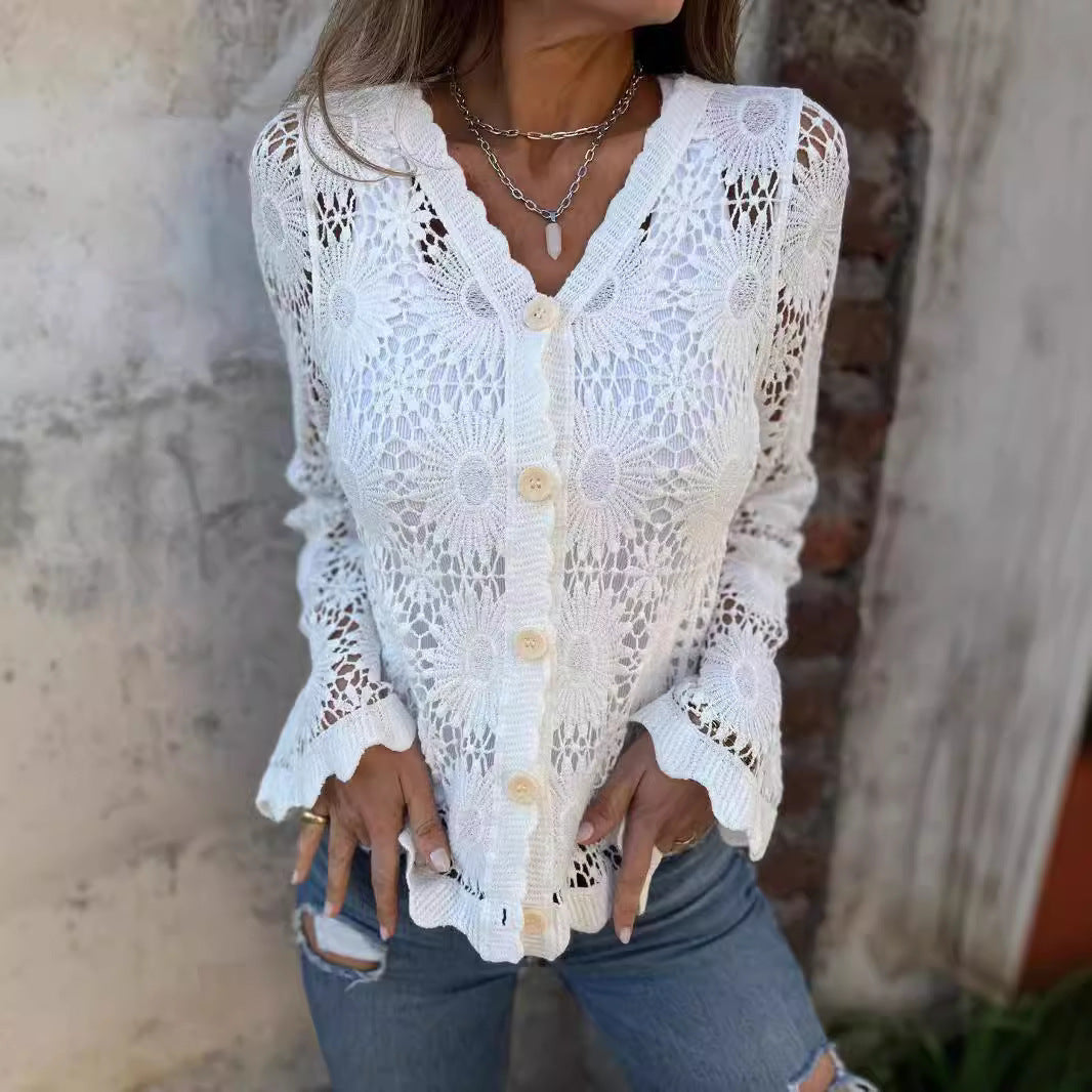 Women's Lace V-neck Long Sleeve Top