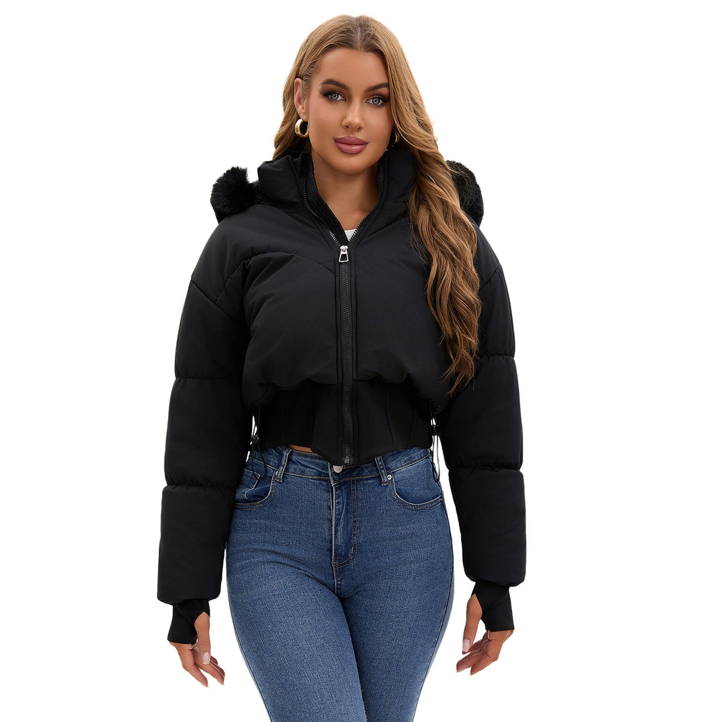 Women's Waist-tight Big Fur Collar Hooded Short Cotton Jacket