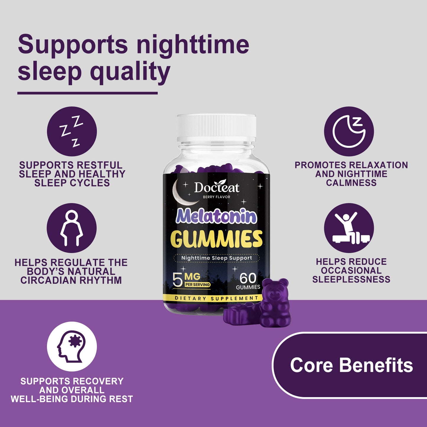 Docteat Sleep Gummies - Natural Sleep Support with GABA & L-Theanine, Non-Habit-Forming, Gentle Nighttime Relief for Restful Sleep & Morning Refreshment