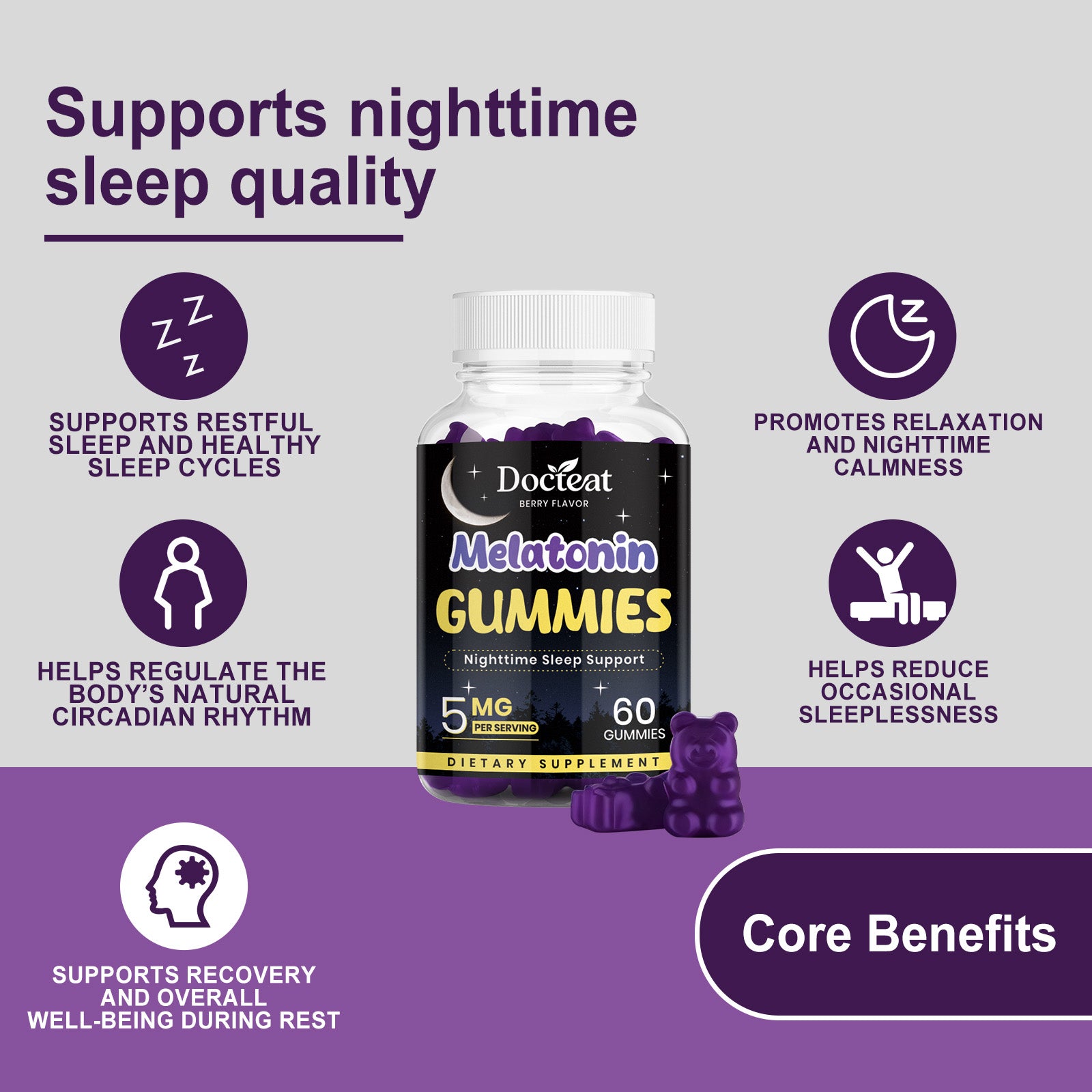 Docteat Sleep Gummies - Natural Sleep Support with GABA & L-Theanine, Non-Habit-Forming, Gentle Nighttime Relief for Restful Sleep & Morning Refreshment
