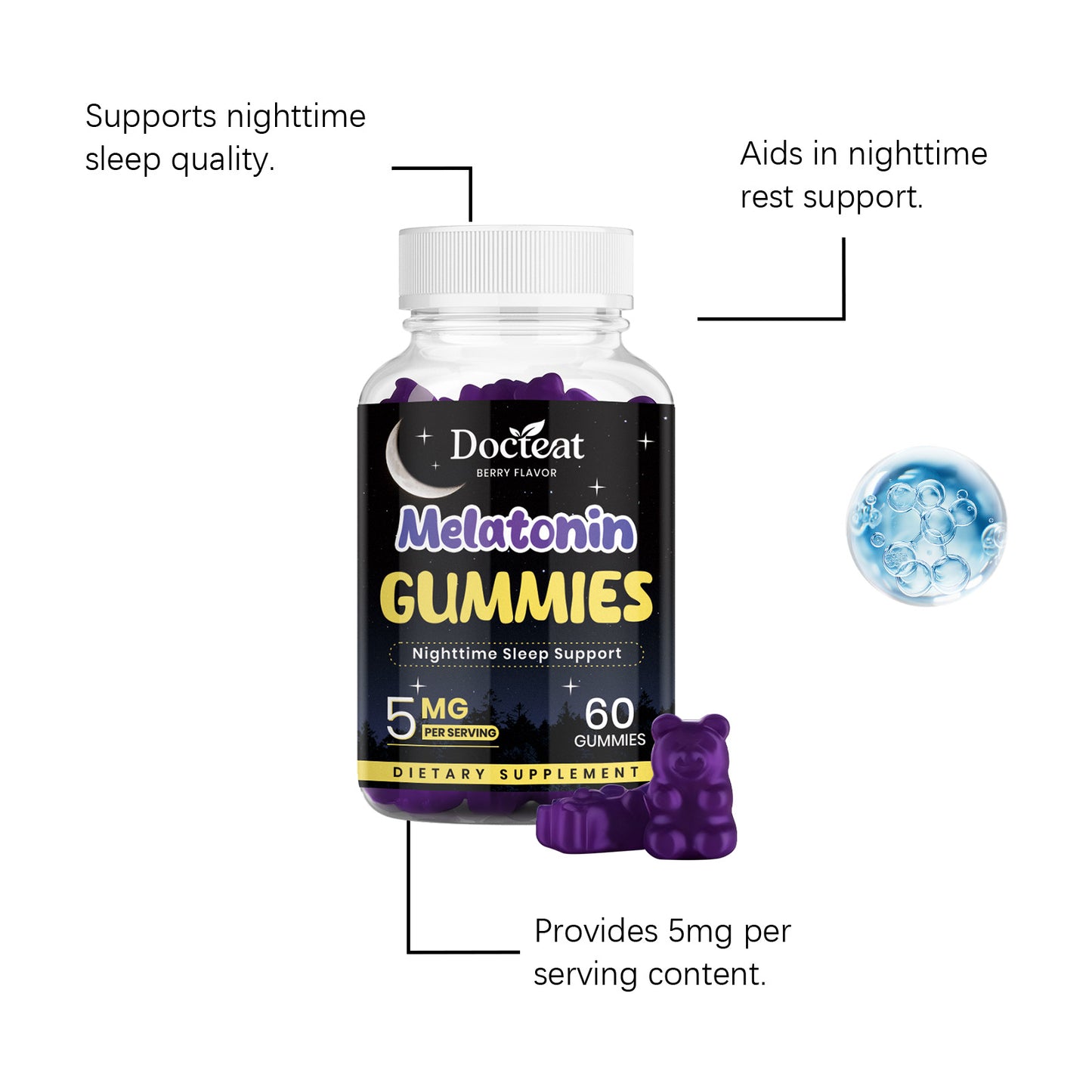 Docteat Sleep Gummies - Natural Sleep Support with GABA & L-Theanine, Non-Habit-Forming, Gentle Nighttime Relief for Restful Sleep & Morning Refreshment