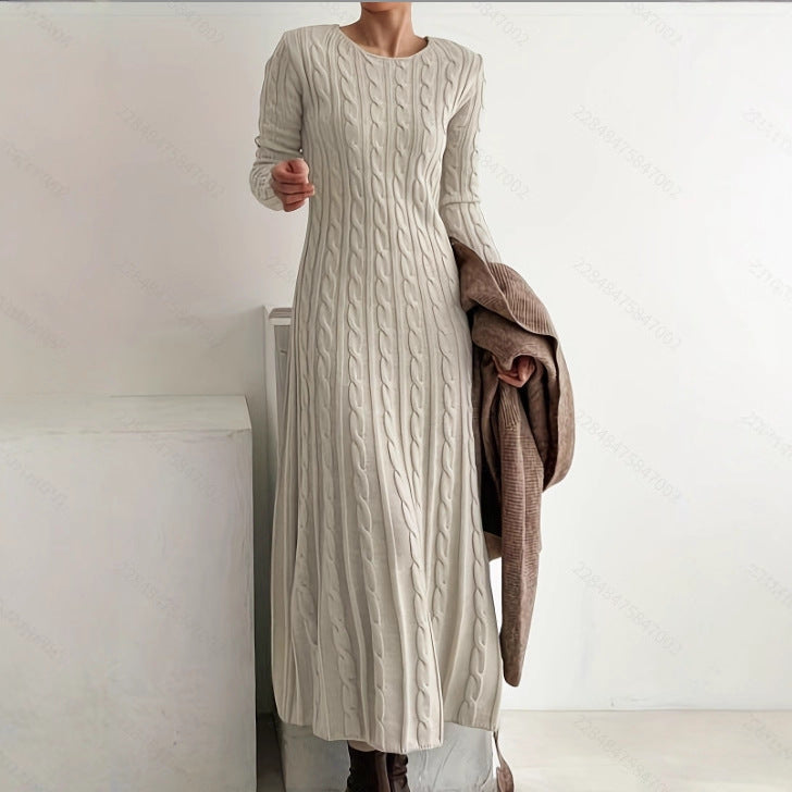 Women's Solid Color Round-neck Cable Knit Dress