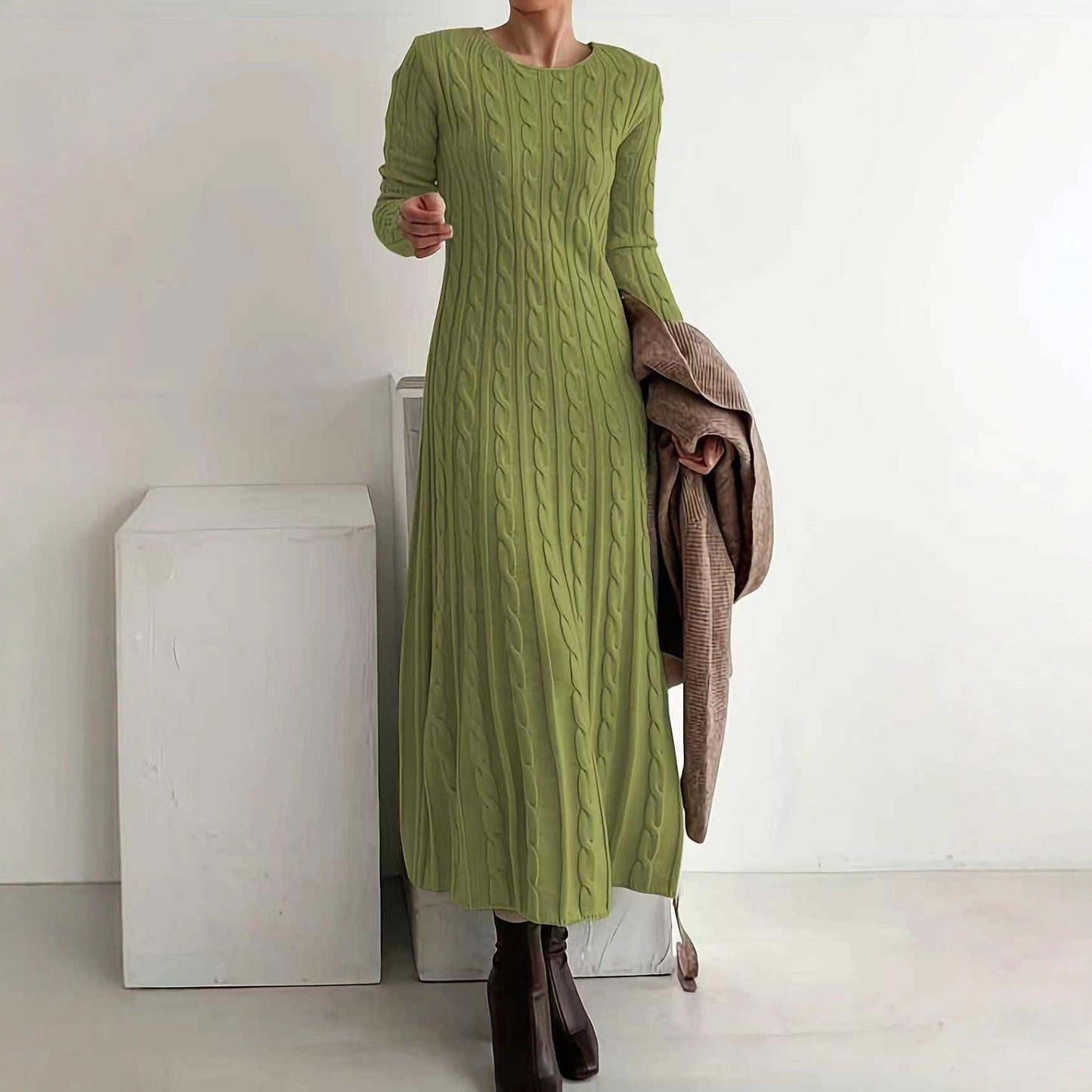 Women's Solid Color Round-neck Cable Knit Dress