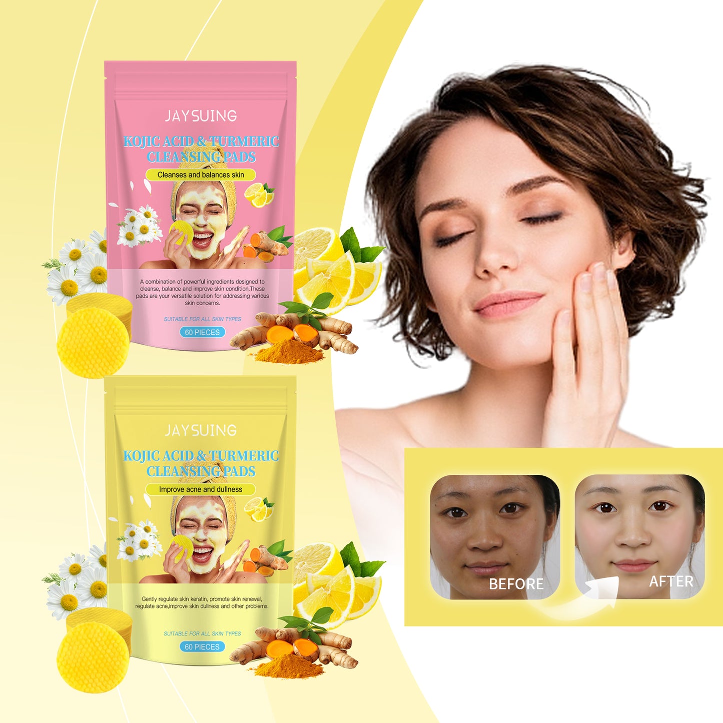 Jaysuing Kojic Acid Turmeric Cuticle Conditioning Cleansing Cotton Pads Gentle Cleansing Skin Exfoliating Soft and Clear Soothing Skin Cleansing Pad