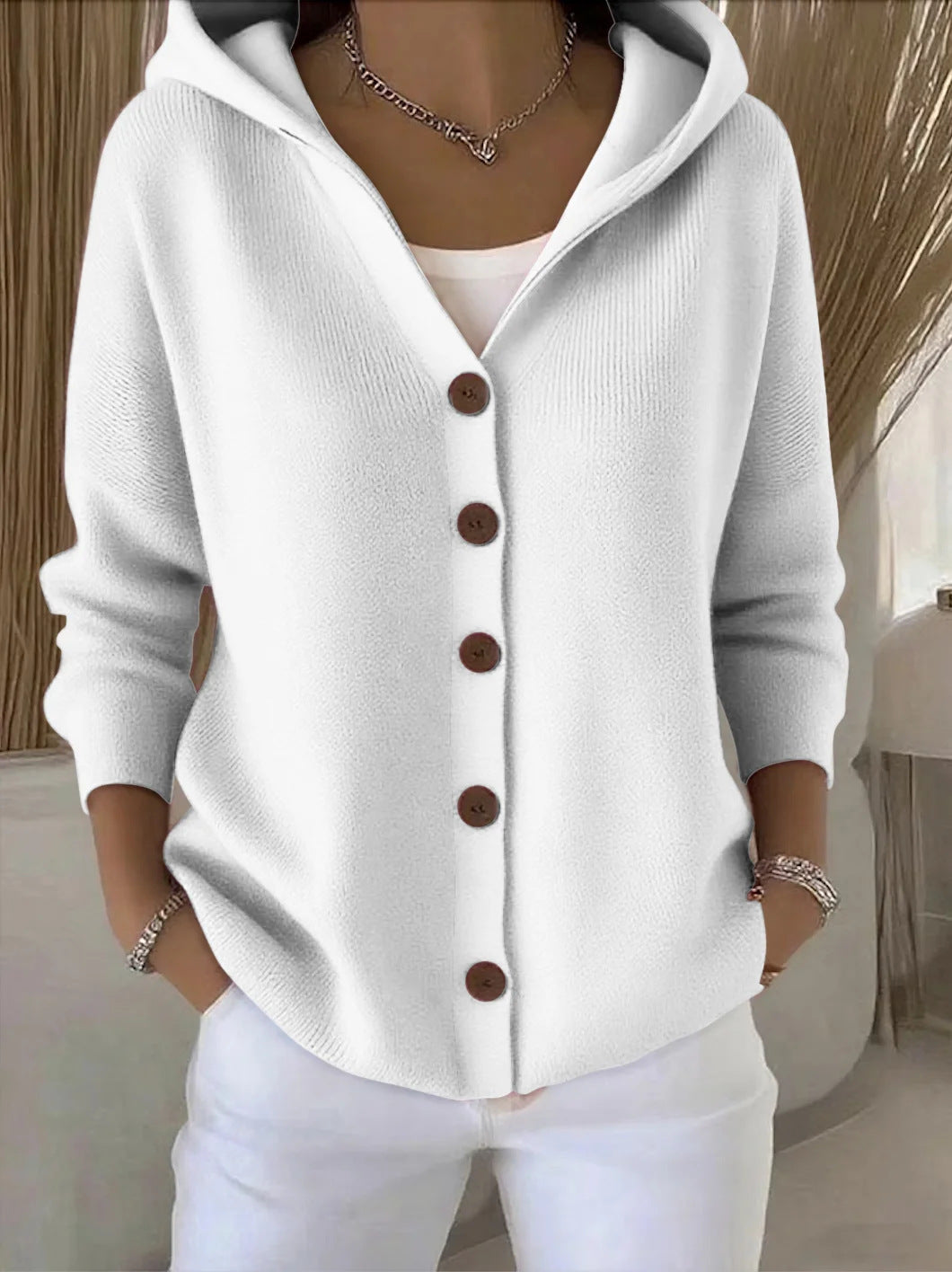 Ins Button Hooded Sweater Fashion Autumn And Winter Knitted Cardigan Casual Commuter Long Sleeve Top Women's Clothing