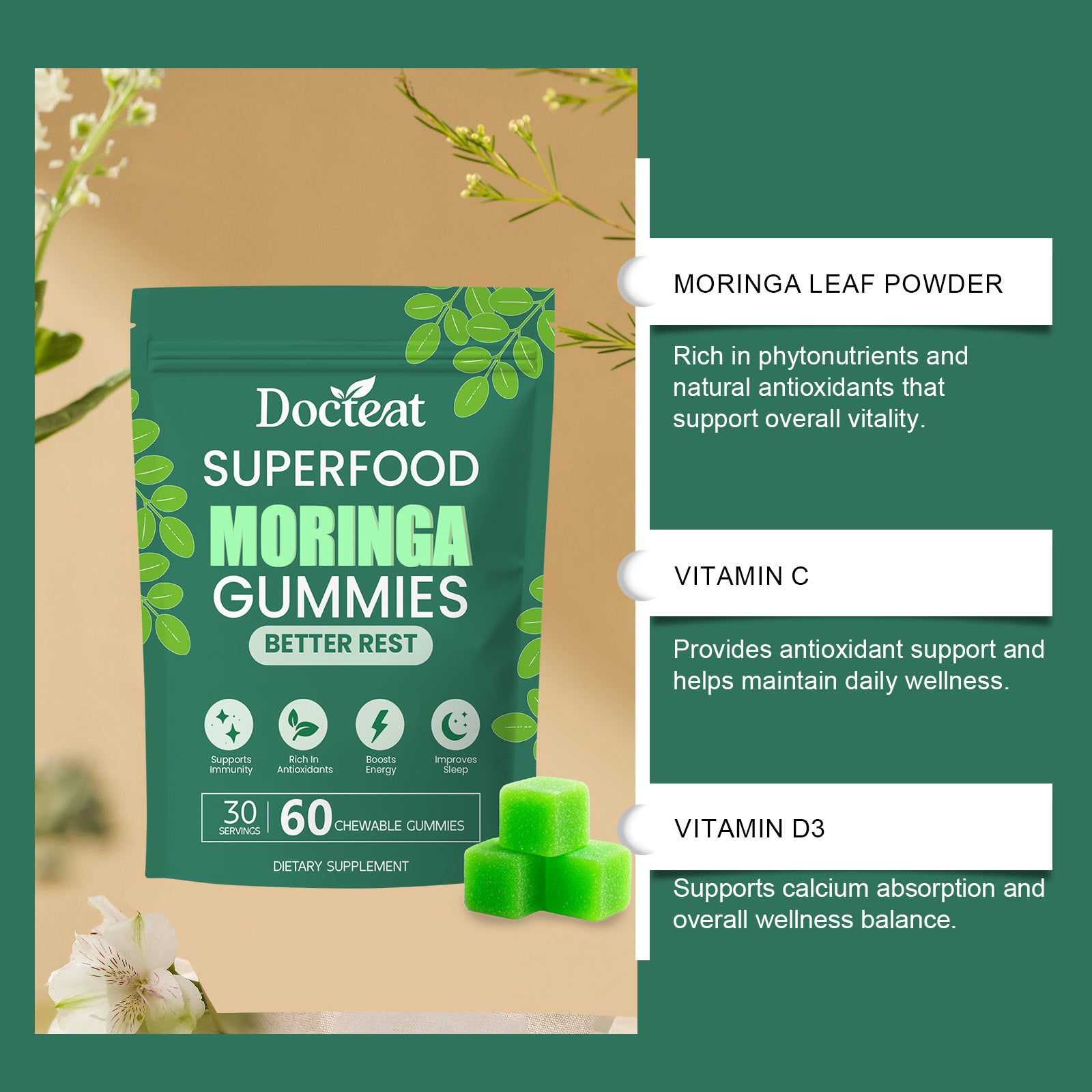 Docteat Moringa Sleep Support Gummies - Herbal Dietary Supplement for Nighttime Relaxation, Vegan & Natural Ingredients, 60 Count