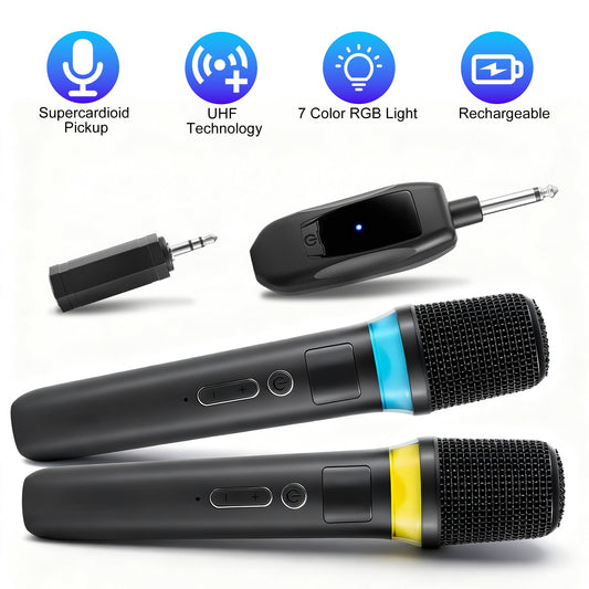 2Pc 2.4G Wireless Microphones UHF Wireless Microphones Metal Handheld Dynamic Mics With 164FT Range RGB Light For Karaoke Party DJ Wedding Speech Outdoor Events