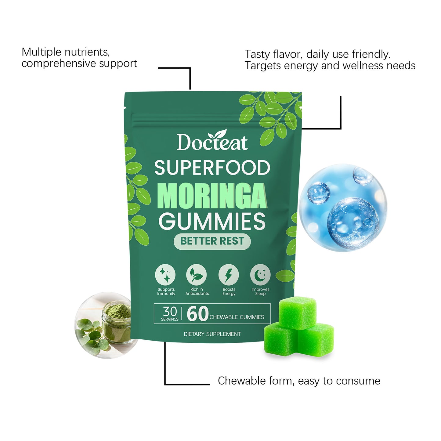 Docteat Moringa Sleep Support Gummies - Herbal Dietary Supplement for Nighttime Relaxation, Vegan & Natural Ingredients, 60 Count
