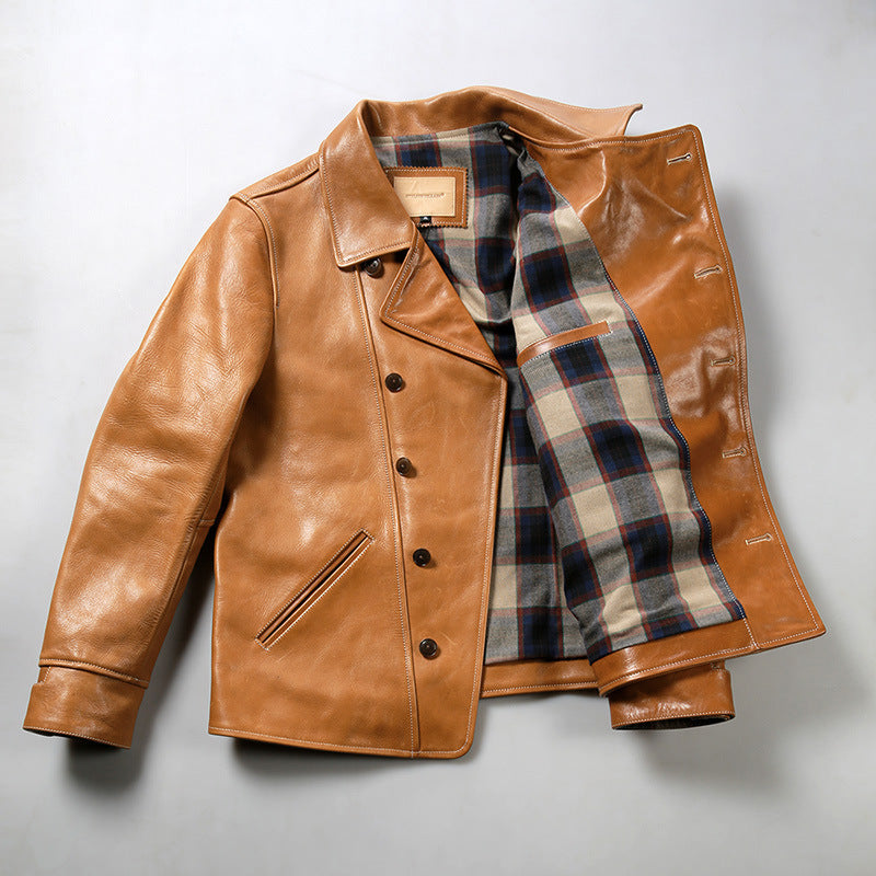 Bear Leather Jacket Men's Lapel Oil Wax Cowhide Coat