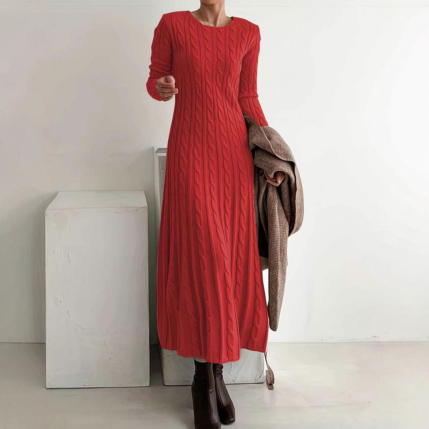 Women's Solid Color Round-neck Cable Knit Dress