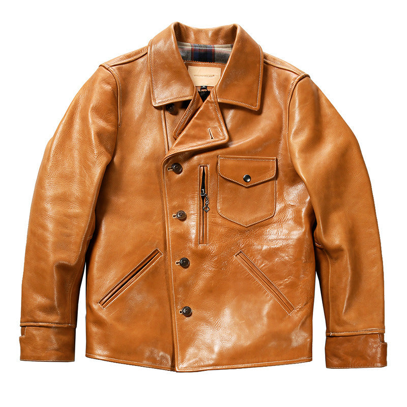 Bear Leather Jacket Men's Lapel Oil Wax Cowhide Coat