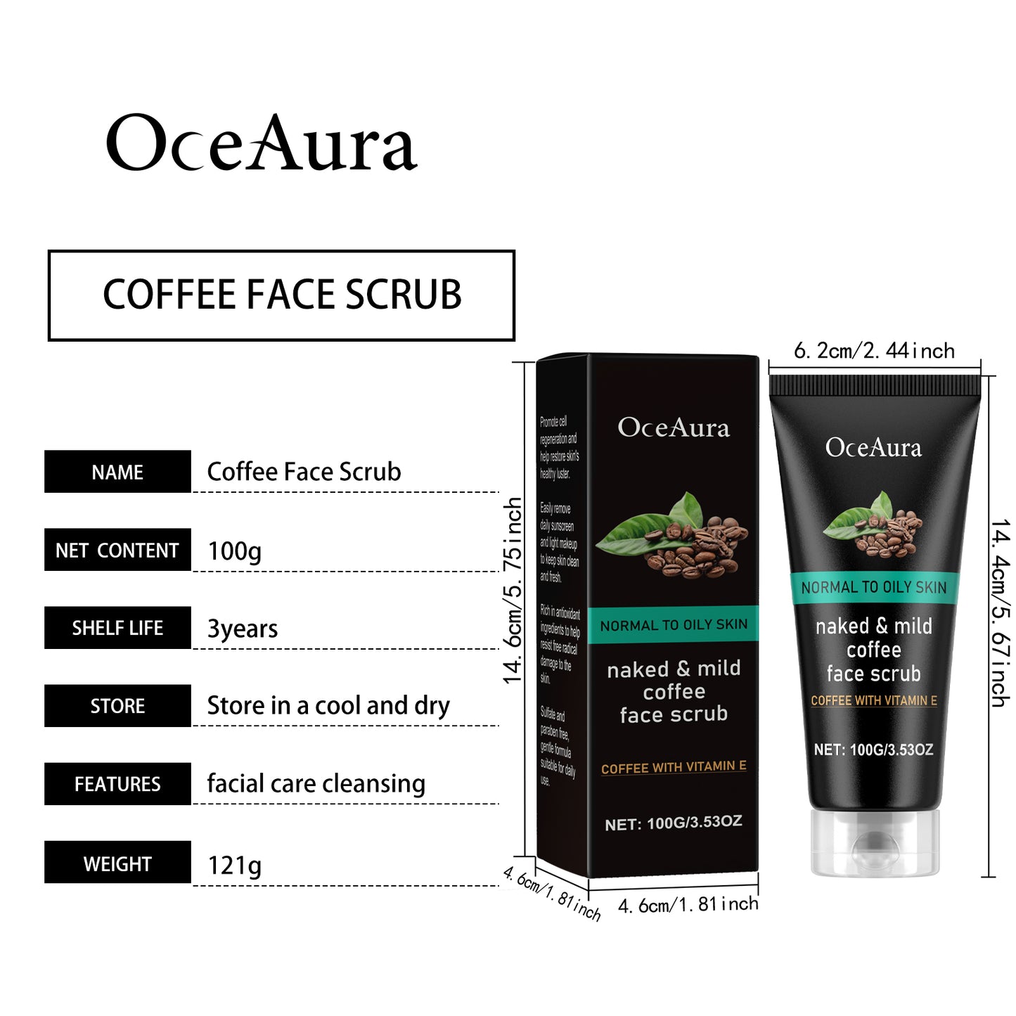 OceAura Caffeine Facial Cleanser Gentle Exfoliating Blackhead Facial Care Pore Cleansing Cleanser