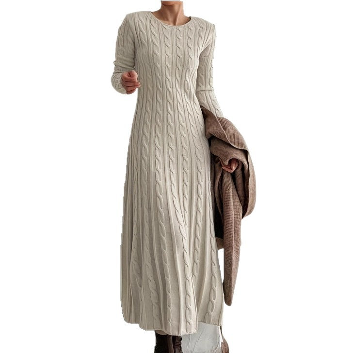 Women's Solid Color Round-neck Cable Knit Dress