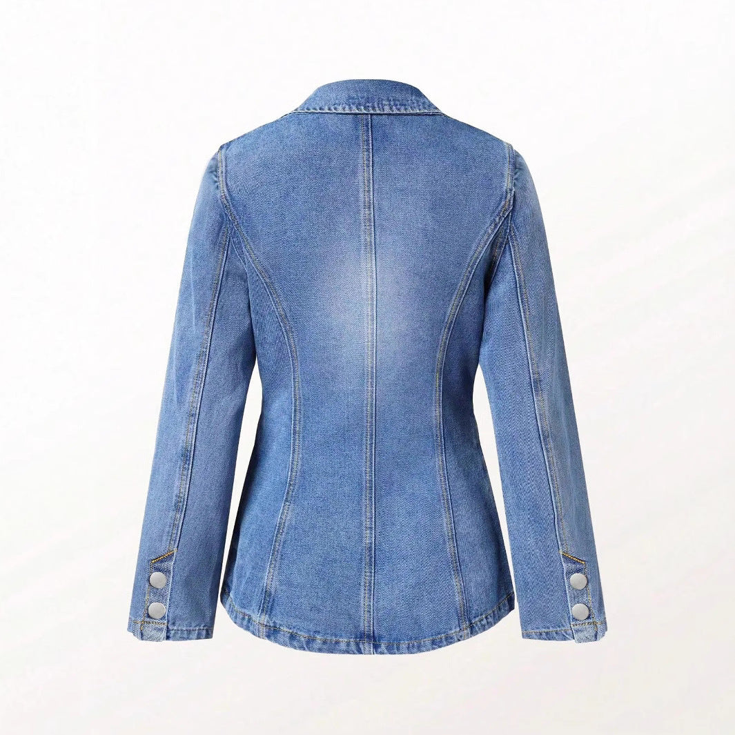 Slim-fit And Slimming Solid-color Denim Jacket With A Suit Collar