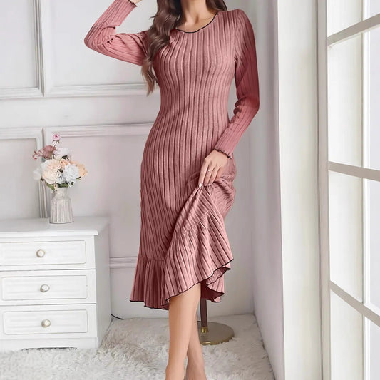 Women's Fashion Solid Color Ruffle Sleeve Long Dress