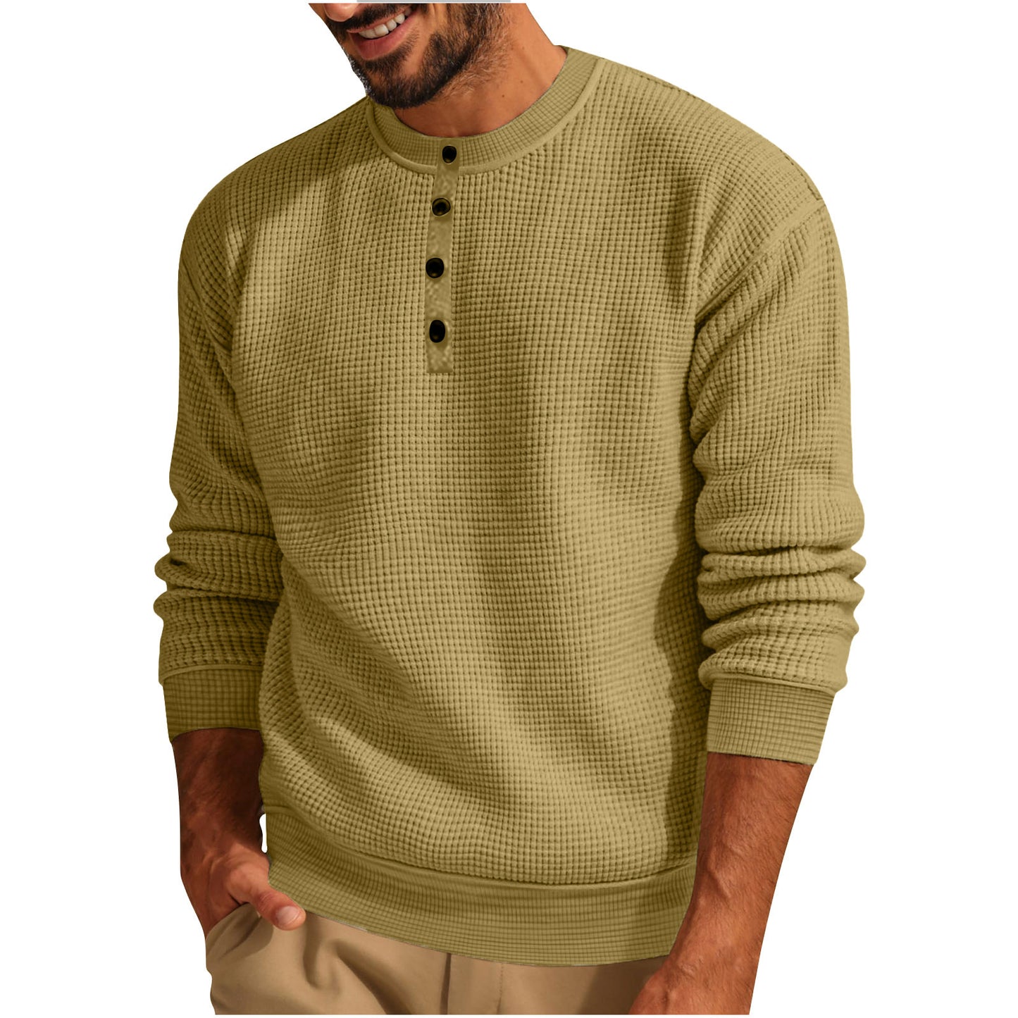 Solid Color Loose Casual Round Neck Long Sleeve Waffle Henley Shirt