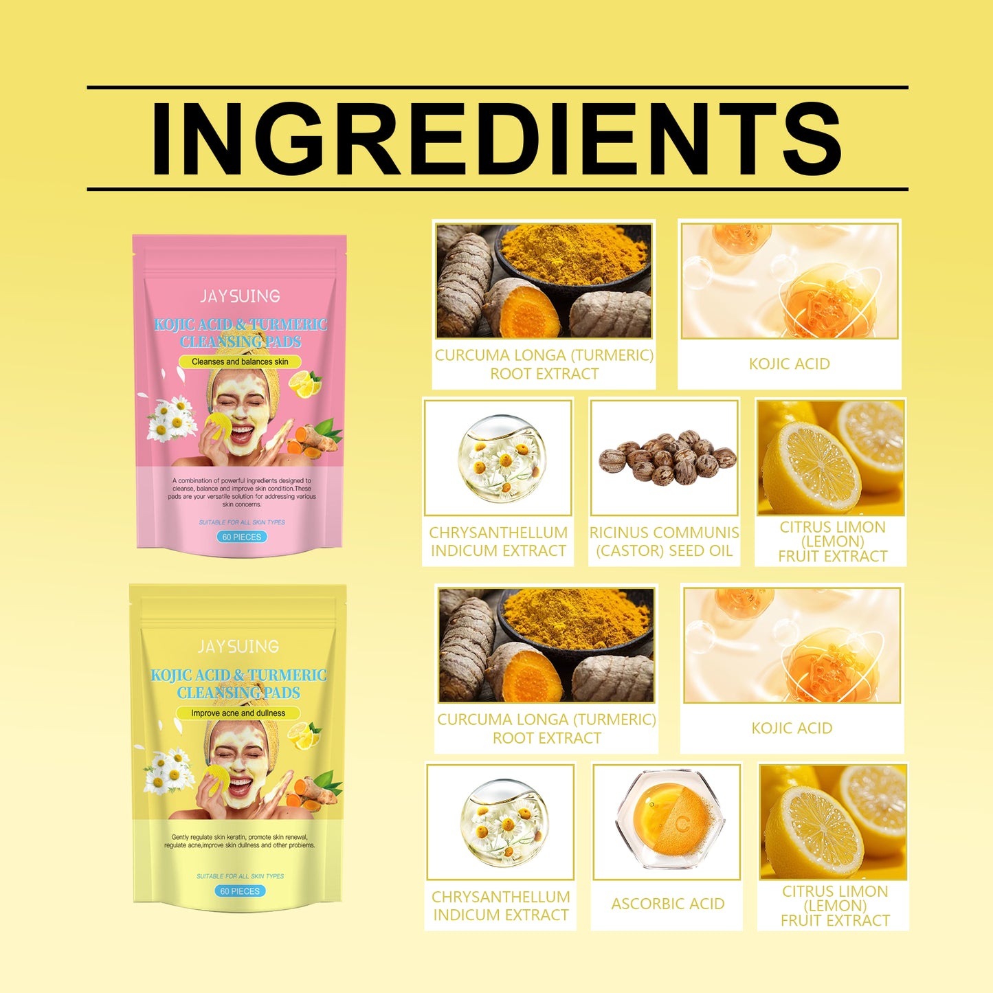 Jaysuing Kojic Acid Turmeric Cuticle Conditioning Cleansing Cotton Pads Gentle Cleansing Skin Exfoliating Soft and Clear Soothing Skin Cleansing Pad