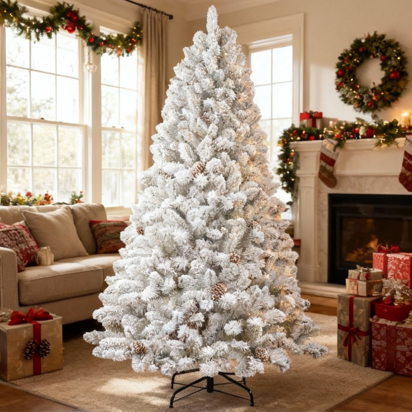 4FT Snowy Christmas Tree With Pine Cones 21 Real Pinecones & 366 Tips, Full Shape With Sturdy Metal Stand Premium PVC Holiday Decor