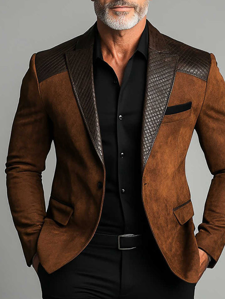 Brown Suede Blazer With Textured Leather Accents