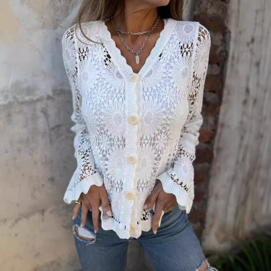 Women's Lace V-neck Long Sleeve Top