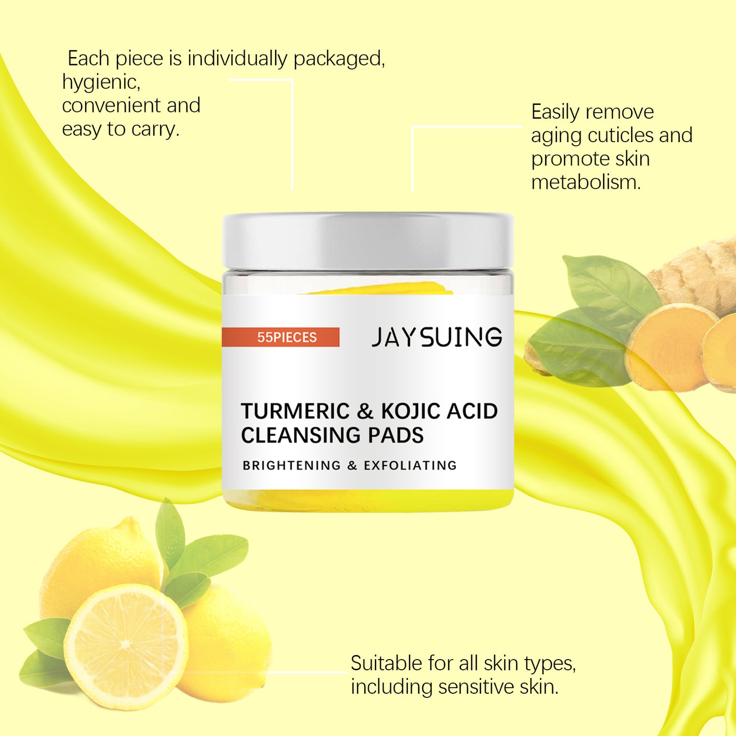 Jaysuing Turmeric Kojic Acid Cleansing Pad Gentle Cleansing Facial Skin Pore Lightening Acne Spots Cleansing Pad