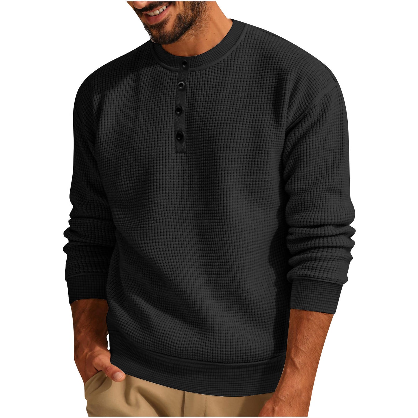 Solid Color Loose Casual Round Neck Long Sleeve Waffle Henley Shirt
