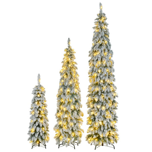 No Provide Self Pick-up.8FT, 6FT, 4FT Pre-Lit Pencil Christmas Trees, 3-set Slim Artificial Christmas Tree With Snow Flocking, Xmas Holiday Decoration Tree, 1455 Branch Tips, 520 LED Lights, 11 Lighti